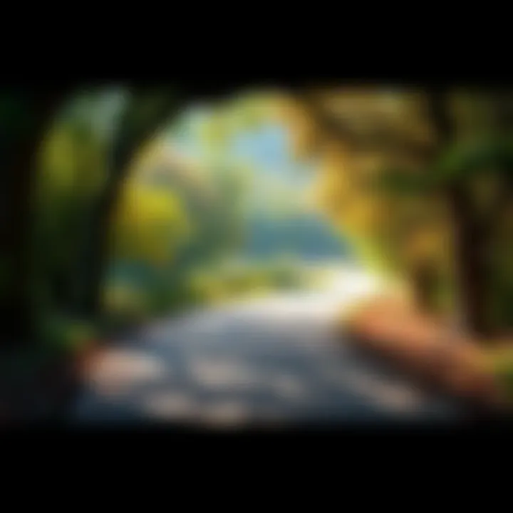 Path of Determination A winding path surrounded by trees, symbolizing a long journey filled with hard work and resilience.