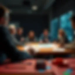 A diverse group of people discussing choices for the future of democracies with maps and charts on a table.