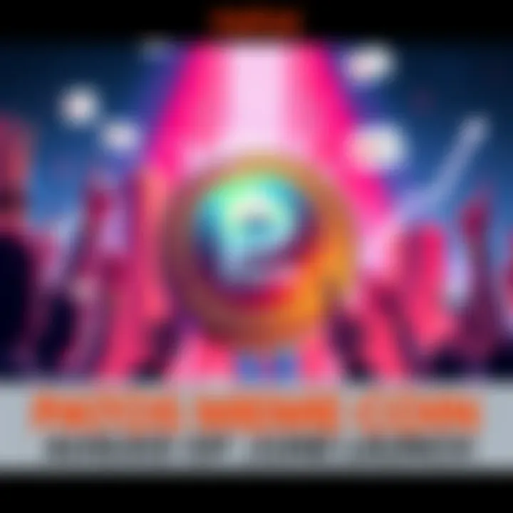 An illustration showing a digital coin representing Patos Meme Coin, surrounded by excited investors and graphics of rising charts and exchange logos, symbolizing its upcoming launch.