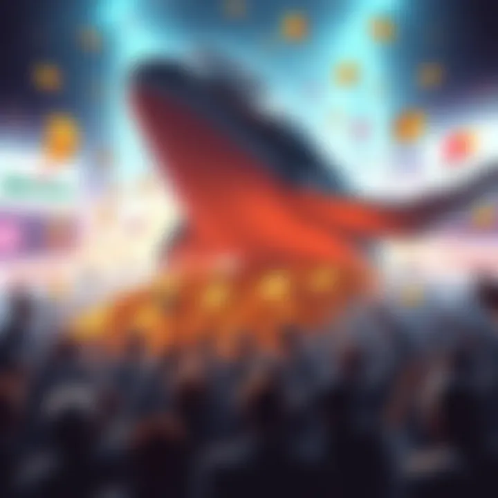 A large whale symbolically buying Patos Meme Coins, surrounded by crypto tokens and excitement from a crowd of investors, with exchange logos in the background.