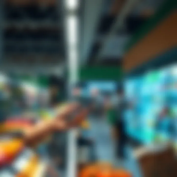 A person using a smartphone to pay for groceries with ADA cryptocurrency at a grocery store counter