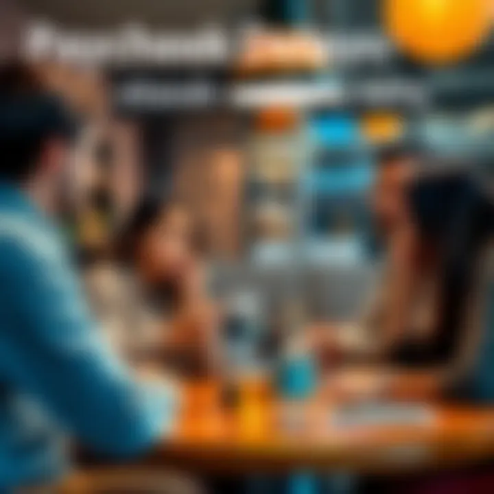 A group of people discussing paycheck delays and early deposits at a café, looking concerned and sharing experiences.