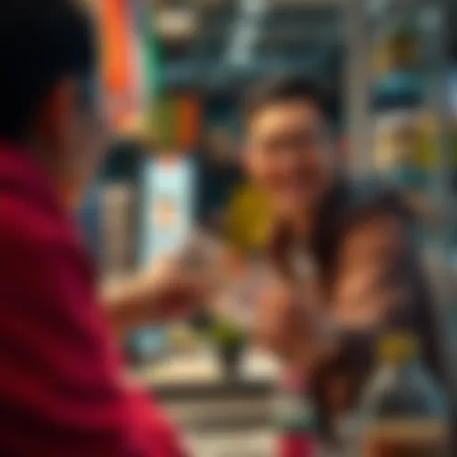 A person making a payment in their local currency at a store, smiling while handing over cash with a currency note clearly visible.