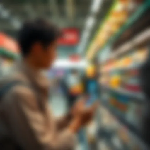 A person using a smartphone to pay with cryptocurrency at a checkout counter in a store