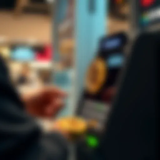 A customer using a Square terminal to pay with Bitcoin by scanning a QR code and toggling a button, showcasing a seamless payment process.