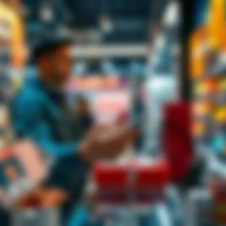 A person using a smartphone to make a purchase with cryptocurrency at a store counter