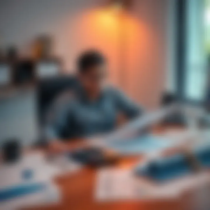 A person sitting at a desk reviewing a 1099-DA form from PayPal with a calculator and tax documents scattered around.