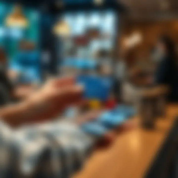 A person holding a Curve card and using it at a coffee shop checkout with PayPal app open on a phone
