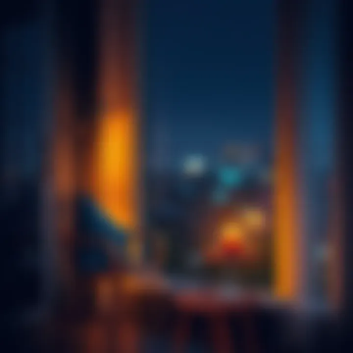 A calm night scene with soft glowing lights, a cozy chair by a window, and a warm drink on a small table, reflecting tranquility and comfort.
