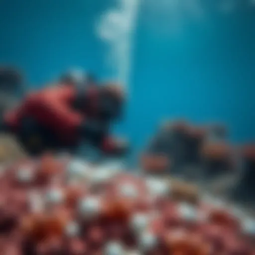 A diver searching for pearls on the ocean floor with a clear blue sea and coral in the background.