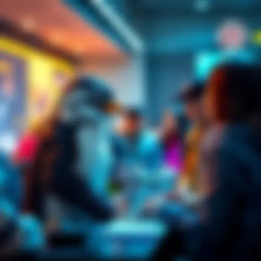 Pengu interacting with people in a digital forum, sharing insights and ideas.