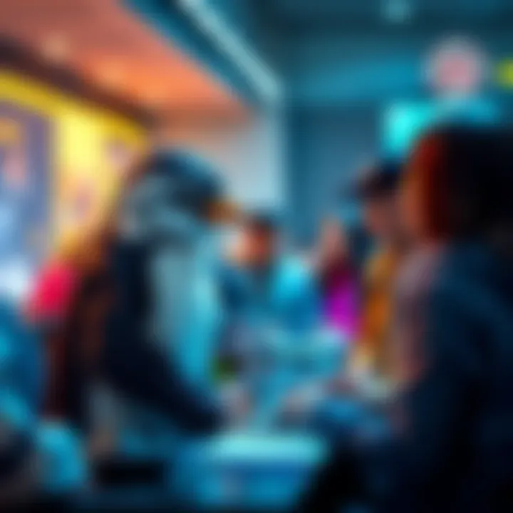 Pengu Community Engagement Pengu interacting with people in a digital forum, sharing insights and ideas.