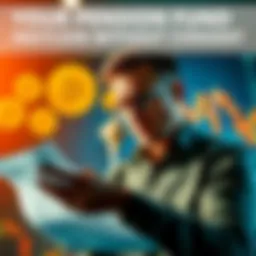 A visual showing a worried person looking at financial statements with Bitcoin symbols in the background and a chart showing market trends