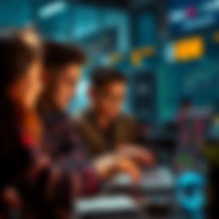 A group of people analyzing cryptocurrency charts on a laptop and discussing market trends