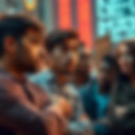 A group of people discussing their strategies in response to a bear market, showing mixed emotions of concern and determination.