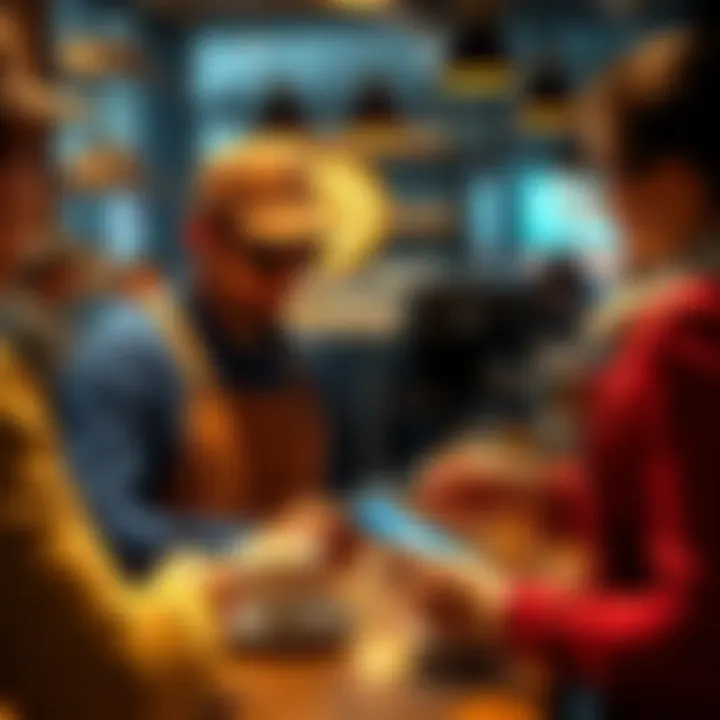 A barista serving coffee to a customer paying with Bitcoin on a mobile device