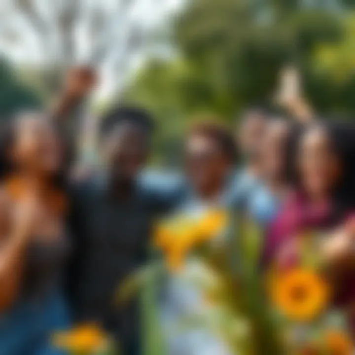 A group of diverse people smiling and celebrating together in a park, showing hope and new possibilities for the future