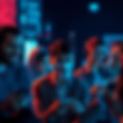 A group of diverse people engaging in anonymous conversations on their devices, representing Nymchat's privacy-focused chat service.