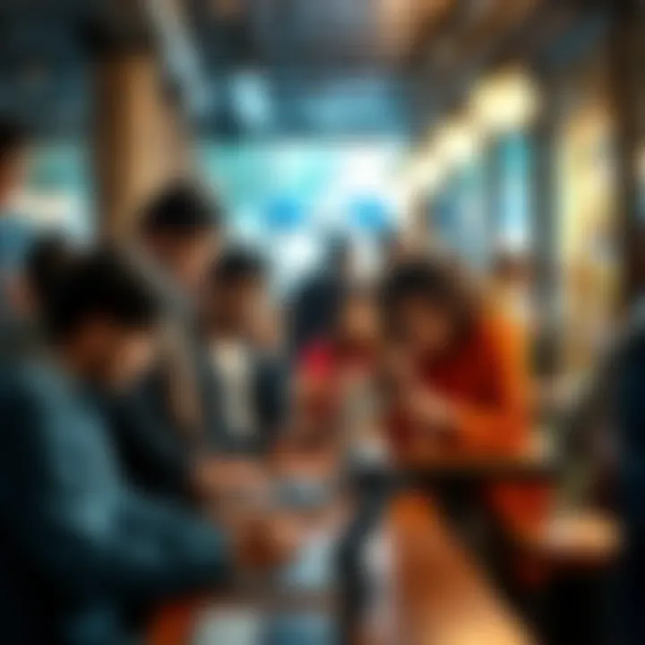 A diverse group of people interacting with smartphones and laptops in a busy café setting, showcasing modern communication habits