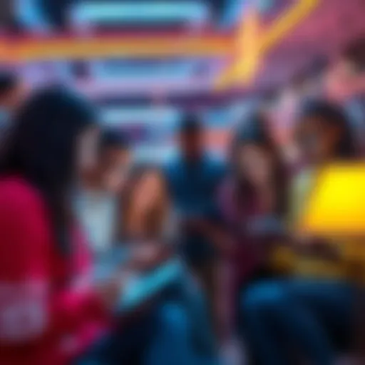 A group of diverse people connecting through devices and sharing ideas online in a modern setting
