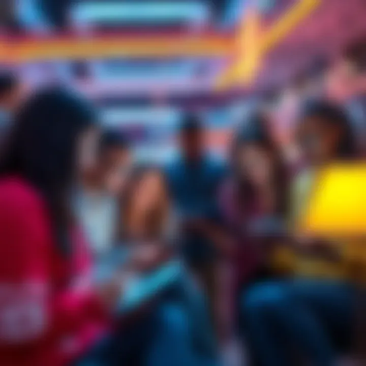 A group of diverse people connecting through devices and sharing ideas online in a modern setting