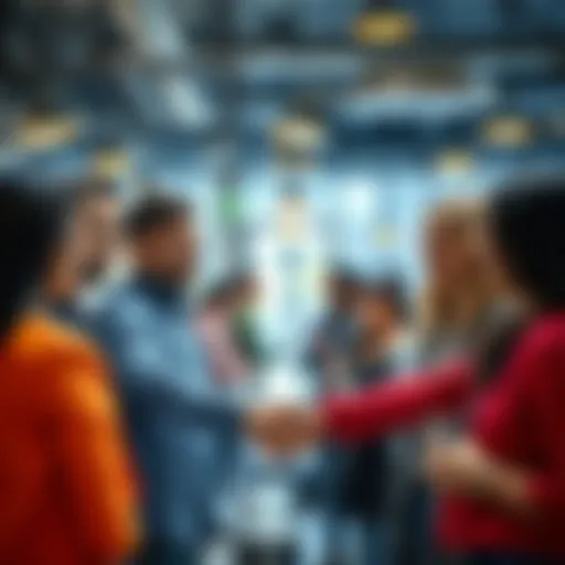 A diverse group of people smiling and shaking hands at a social gathering, showcasing the joy of making new connections.