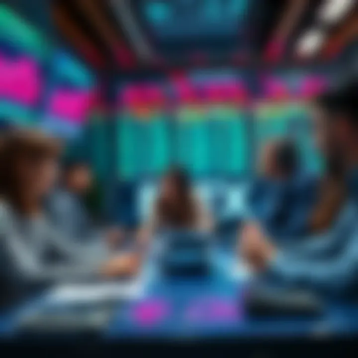 Group of people sharing feedback about AI Crypto FX Trading strategies at a table