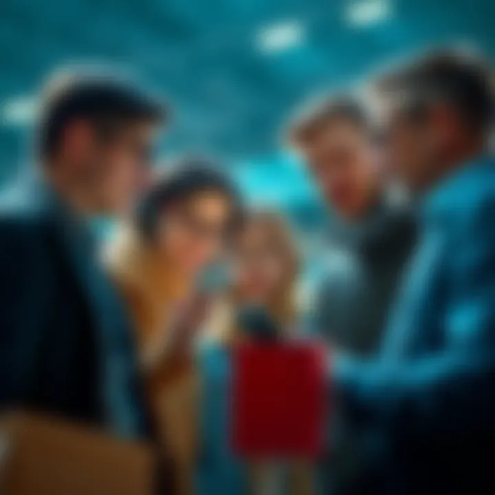 A group of people looking at a smartphone, analyzing app features and discussing its value for managing parcels and gaming events.