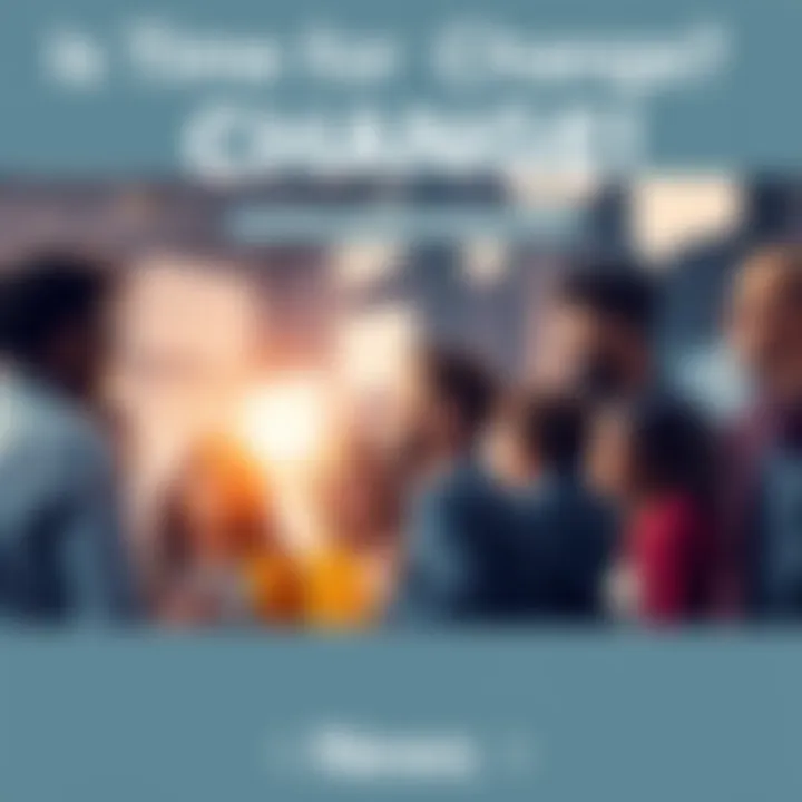 A group of diverse people engaged in a lively discussion about the need for change, with speech bubbles representing different opinions.