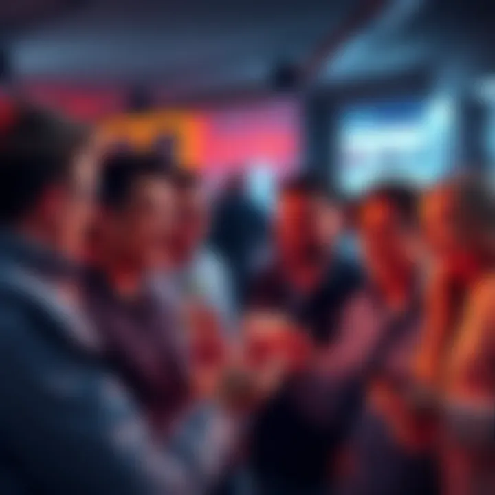 A group of people in a lively conversation about cryptocurrency gains and charity donations, expressing contrasting views.