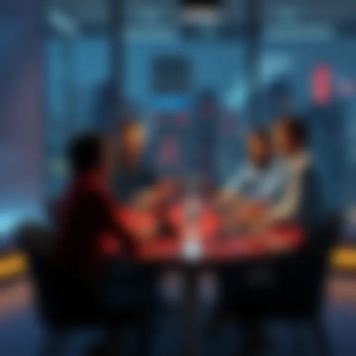 A group of people sitting around a table with laptops, discussing cryptocurrency and finance