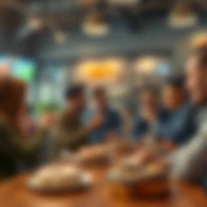 A group of people enjoying donuts while engaging in lively conversation at a table.