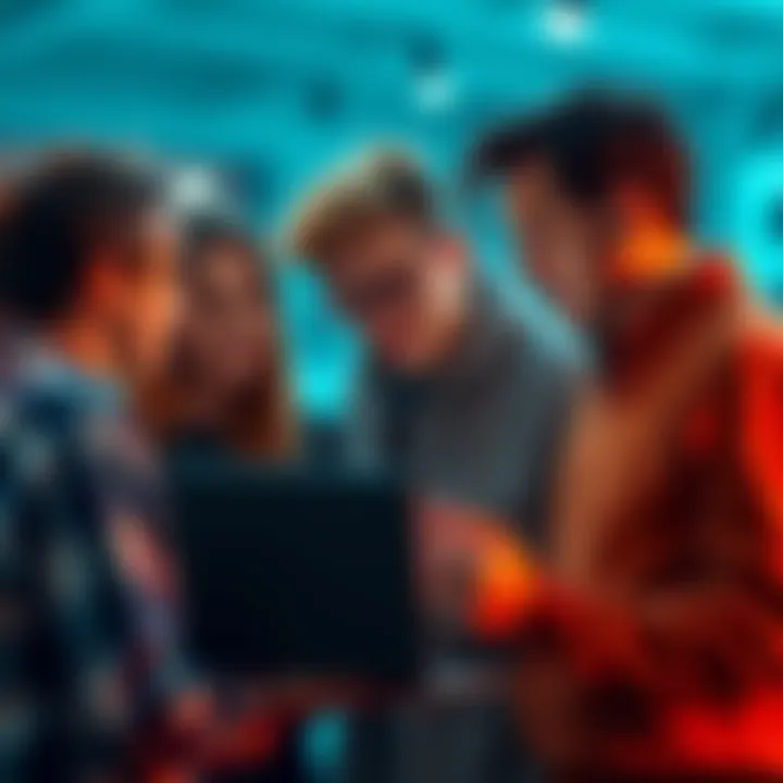 People discussing a new forum Group of people looking at a laptop screen discussing a new online forum
