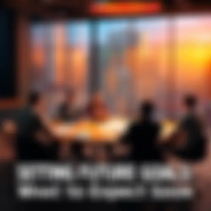 A group of people at a round table sharing ideas about future trends and goals