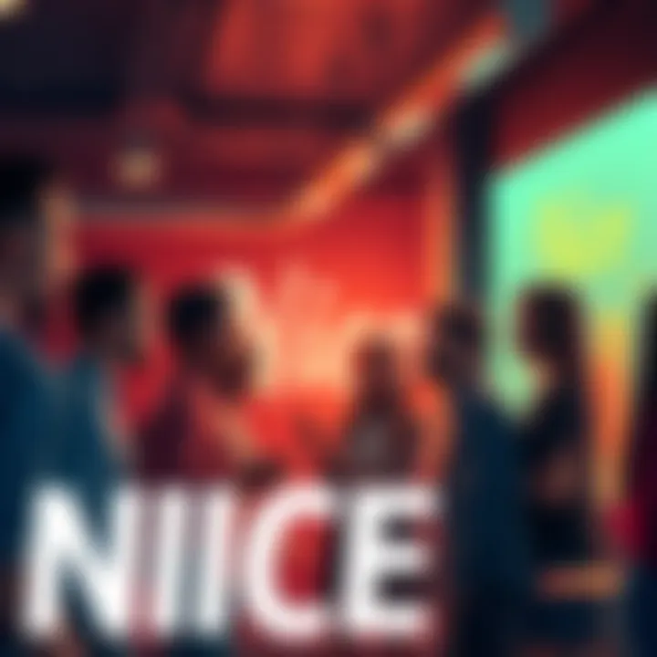 A group of people chatting and sharing thoughts about the word Nice in a lively setting