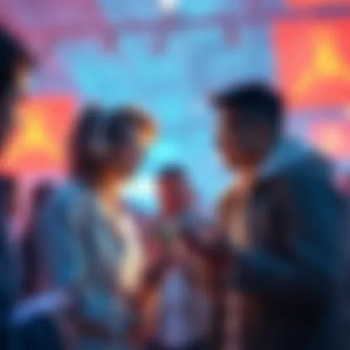 A group of people engaged in conversation about trending topics on their devices