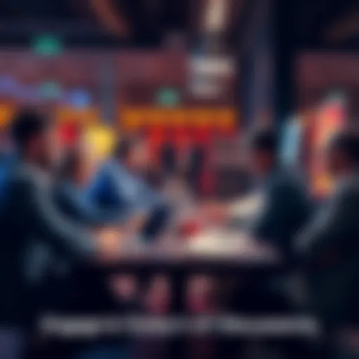 A group of people engaged in conversation about trading strategies at a table, sharing insights and asking quick questions, with laptops and notebooks around them.