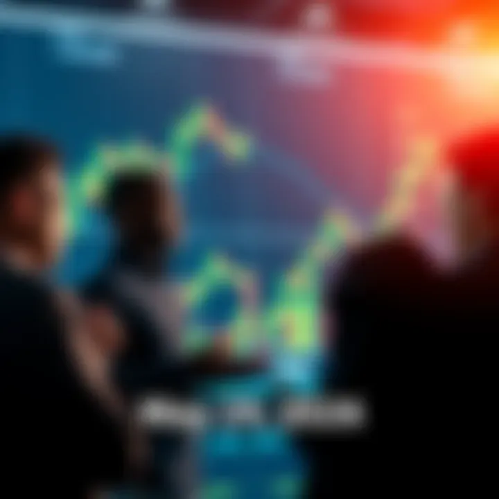 A group of people engaging in conversation about trading strategies and events, with a digital trading graph in the background.