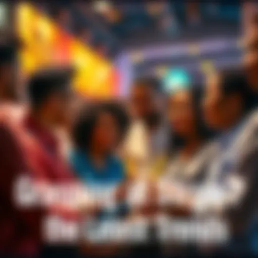 A group of diverse people engaged in conversation about social trends and challenges