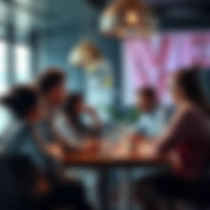 A group of people sitting at a table, discussing ideas and sharing thoughts actively.