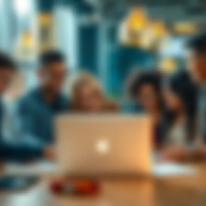 A diverse group of people engaging in a lively discussion around a laptop, sharing ideas and feedback on a user board