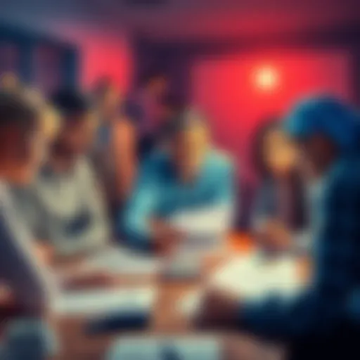 Group of people discussing investment options with worried expressions, papers and charts spread out on the table