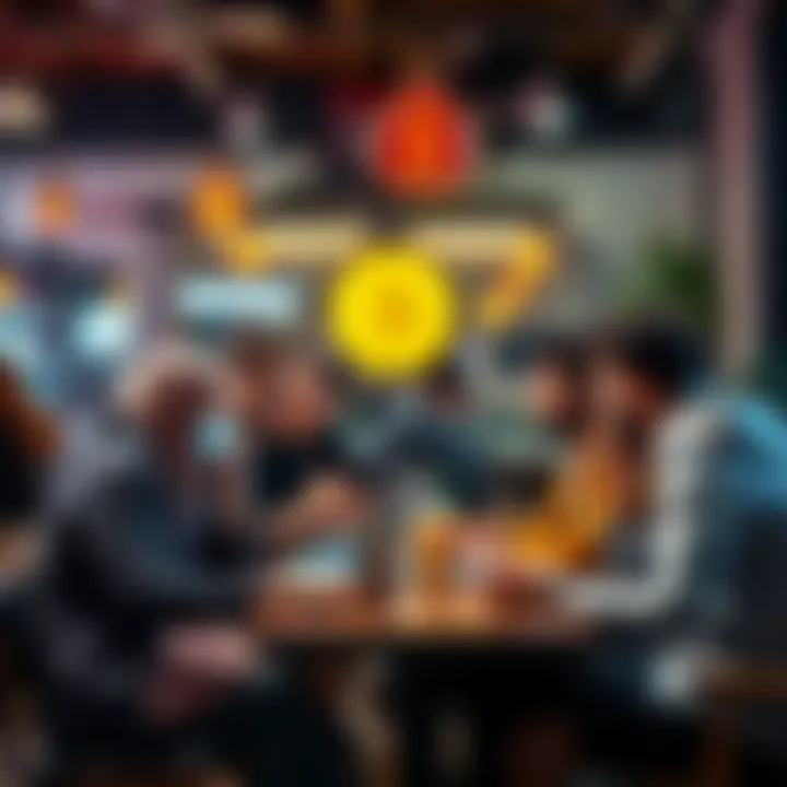 A diverse group of people discussing their Bitcoin management strategies including holding, staking, and trading at a café.