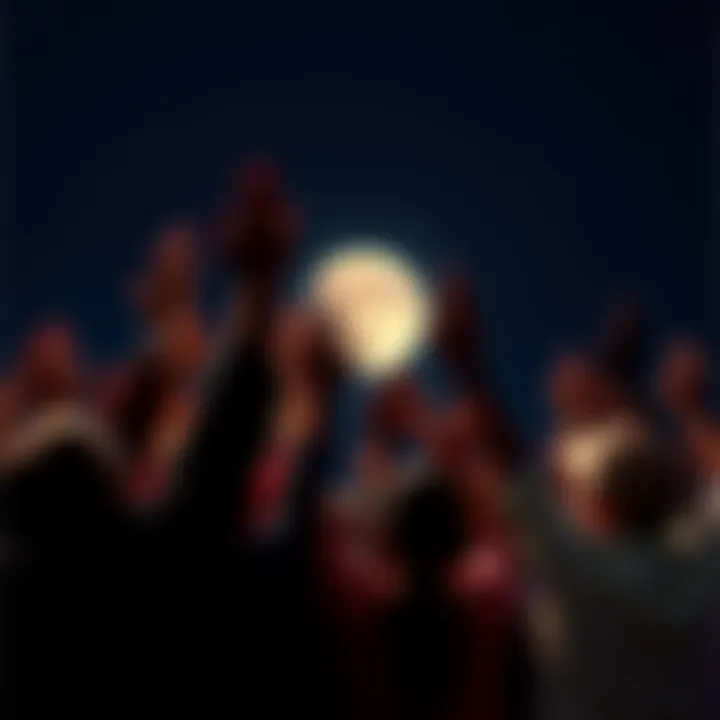 A group of diverse people raising their hands towards a bright full moon in the night sky, symbolizing unity and ambition for the future in 2026.