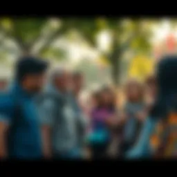 A diverse group of people sharing their thoughts and feelings about recent events in a park setting, showcasing a mix of emotions and expressions.