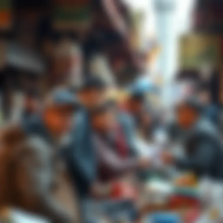 A marketplace scene showing individuals selling various items at discounted prices, looking concerned and engaged in conversations.