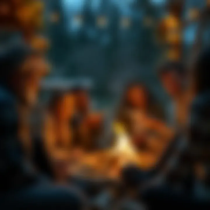 A group of people sitting together, discussing and sharing personal experiences around a cozy fire.