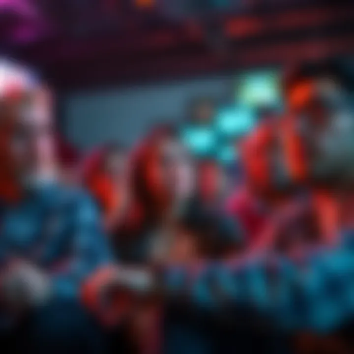 A group of frustrated people watching a streaming service filled with ads, some of them looking annoyed while others are discussing options to skip ads