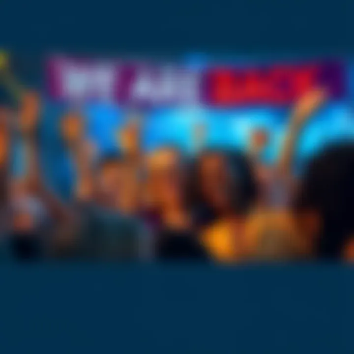 People celebrating the return A group of diverse people joyfully celebrating a comeback, with banners saying 'We Are Back' in the background.