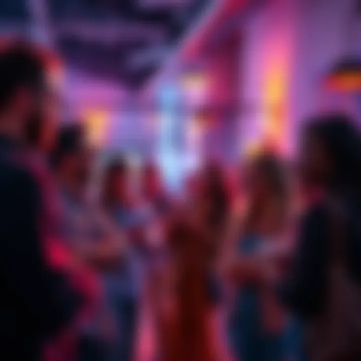 A diverse group of people having lively conversations in a community setting, reflecting modern social engagement trends.